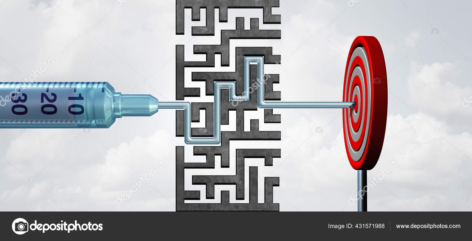 Medication success and target treatment or oncology solution and medical challenges and medicine treatment discovery and accurate cancer therapy concept as a 3D render.